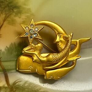 Kirks Folly Mermaid Whale Brooch Pin Star AB Crystals Gold Pin